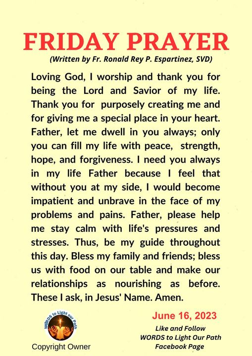 CarmelMMartin8's tweet photo. Friday Prayer: 16 June 2023
#Prayers #FridayPrayers #DearGod #ThankYouGod #BlessMyFamily #BlessMyFriends #Forgiveness #Hope #Peace #IneedYouGod #ProblemsPains #BlessUs #PressuresStresses #Relationship #InJesusName #Amen https://t.co/OJPQYCED4Z