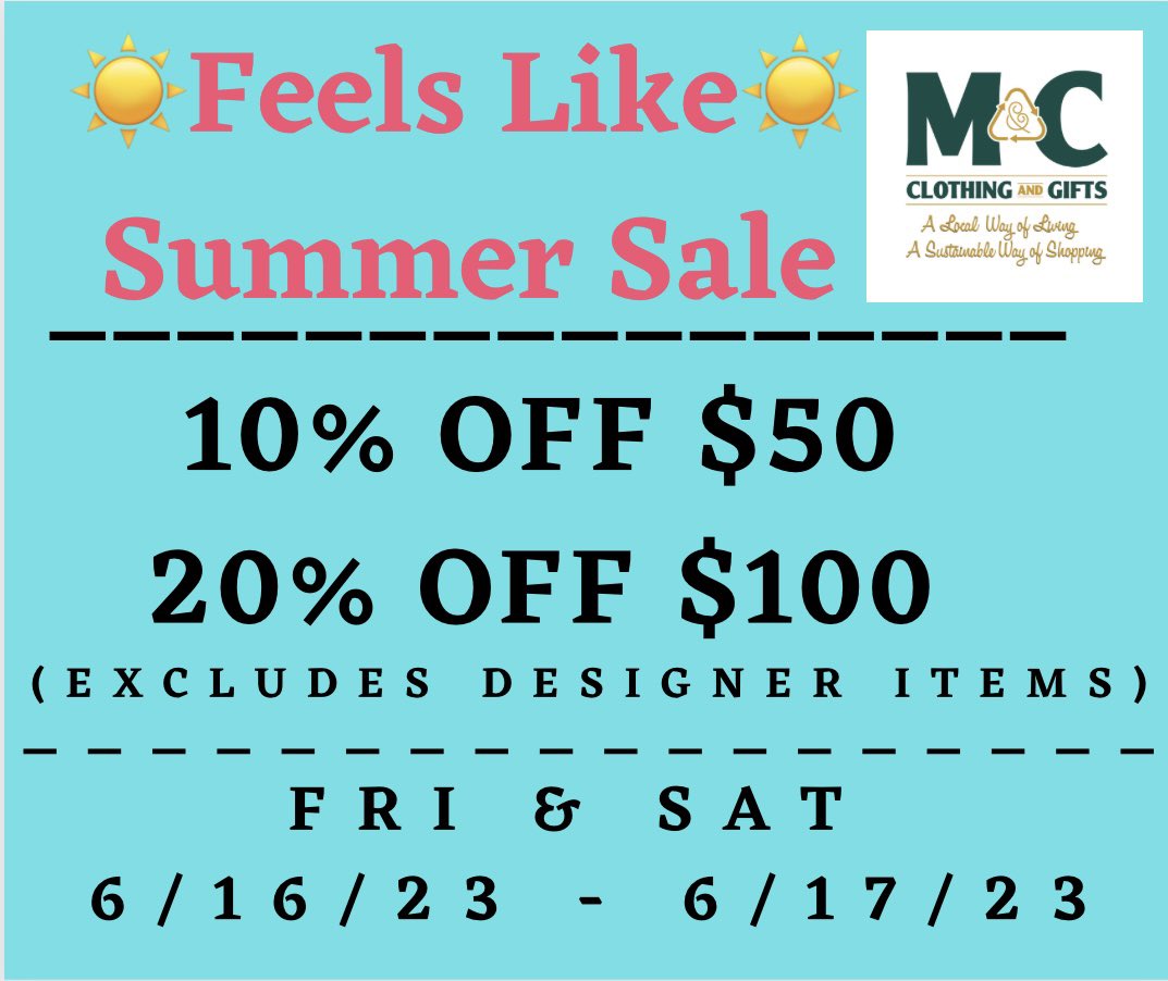 MCClothingNH's tweet photo. Just in time for Fatherโs Day, a โFeels Like Summer Saleโ at M&C Clothing and Gifts this Friday and Saturday 6/16 & 6/17. Come find your favorites for yourself, dad and the whole family!
10% off $50 and 20% off $100.
#amherstnh #FathersDay #secondhand #bestofnh #nh https://t.co/f2QGilAc3Q