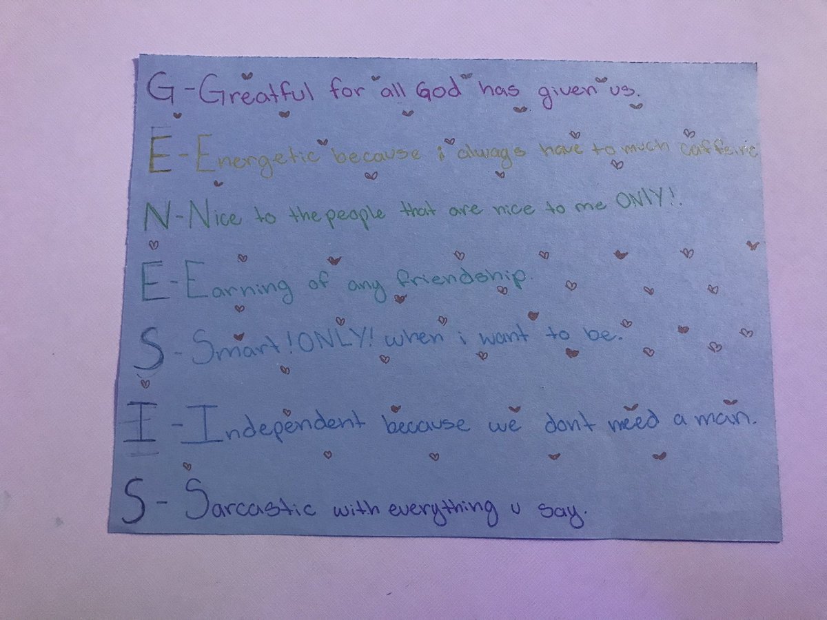 Education1939's tweet image. Acrostic Poems reflect who you are when you look into the mirror…@MrSuperPowers_ check out our Toros using poetry to identify their sense of self! Who am I?? Keep in mind we are “Artist” and we are sensitive about our work. “Badu”
@mprosperscience @JonesMS_AISD @ReadingWARapper
