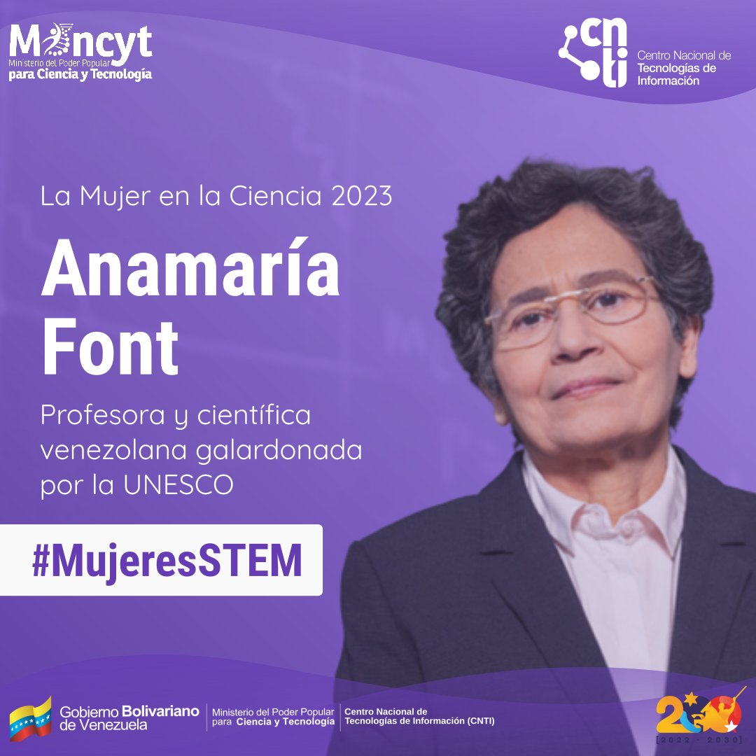 Hoy #15Jun celebramos junto a todo el pueblo de Venezuela 🇻🇪 el reconocimiento que otorga la @UNESCO_es a nuestra extraordinaria científica Anamaría Font, con el premio “La Mujer y la Ciencia” 2023.

¡Orgullo venezolano!
@CNTI_VE
#MujeresSTEM