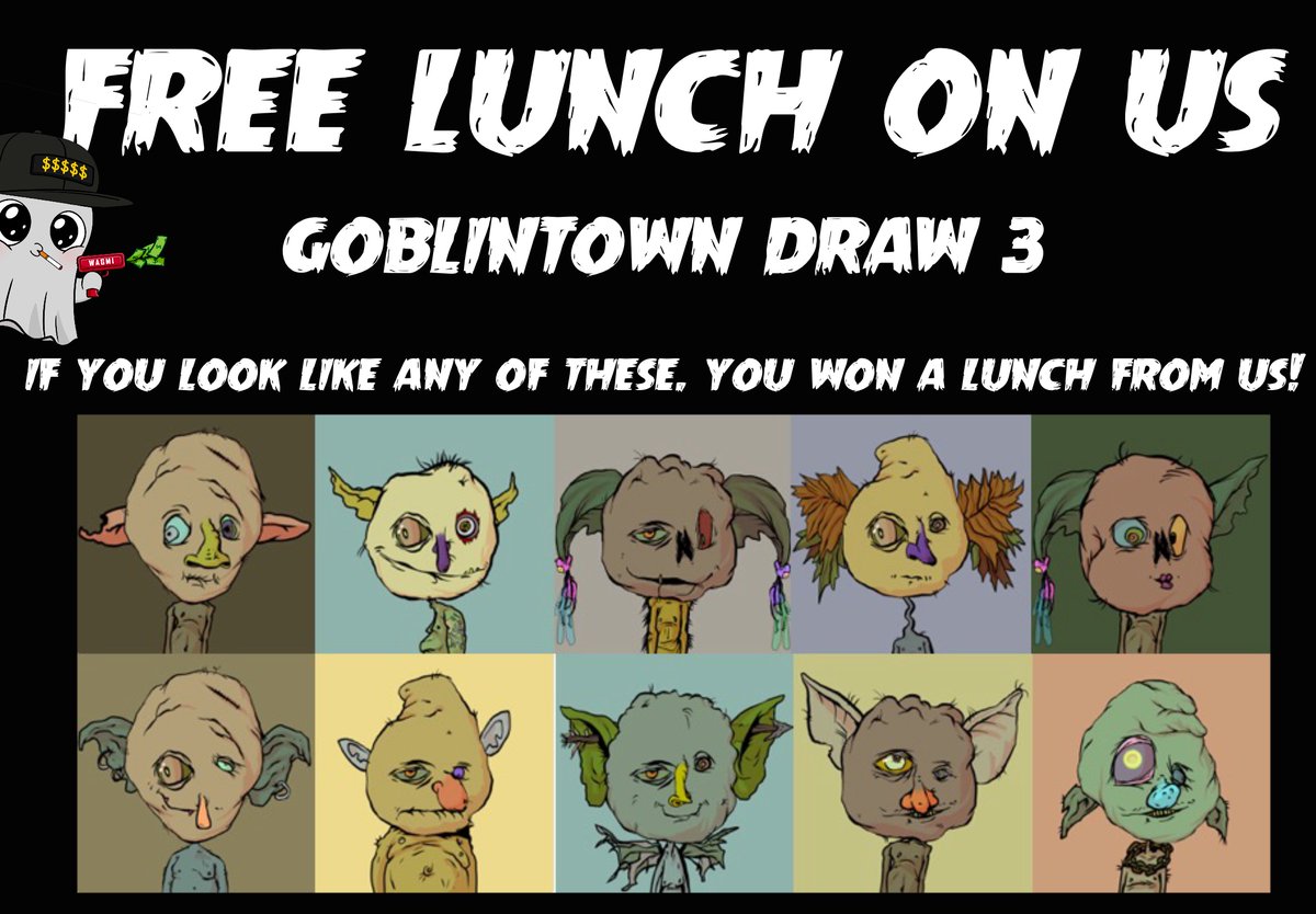 spookiesouls's tweet photo. FREE LUNCH ON US DRAW 3!
@goblintown
Whats it gona be? Coffee, tea or pee?

Token ID:
#5281 #9756 #6496 #8904 #5551
#1536 #9464 #5874 #8928 #6513   

Join discord &amp; open ticket to claim!  No BS!

#heretoreward https://t.co/07IUFDagcm