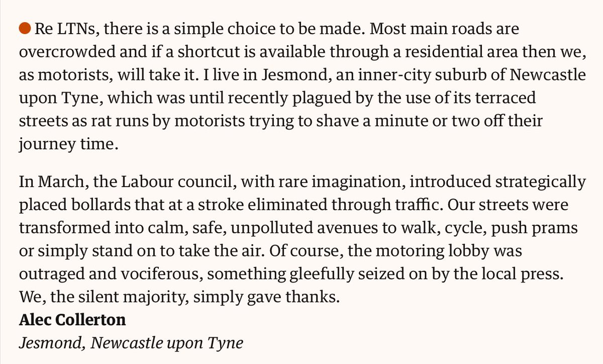 VERY interesting letter supporting the LTN in Jesmond. Like @carltonreid he is a driver who doesn’t mind re-routing traffic onto other people. As a non car owning LTN victim I found this letter really upsetting. @SocEnvJustice @peterwalker99 @LittleNinjaUK @KatharinaH42