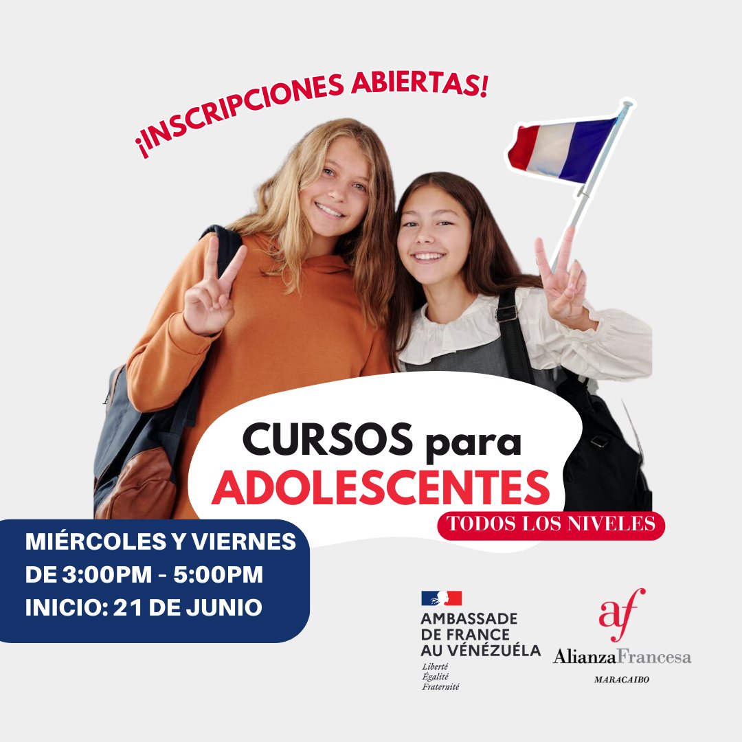 ¡Inscripciones abiertas!
#Alianzafrancesademaracaibo 
Más información: 📲 Teléfono: +58 424 6457717  
💌E-mail: Info.afmcbo@gmail.com 
📌Ubicación: Av. 8 Santa Rita, entre calles 67 y 68. Maracaibo Edo. Zulia VENEZUELA.