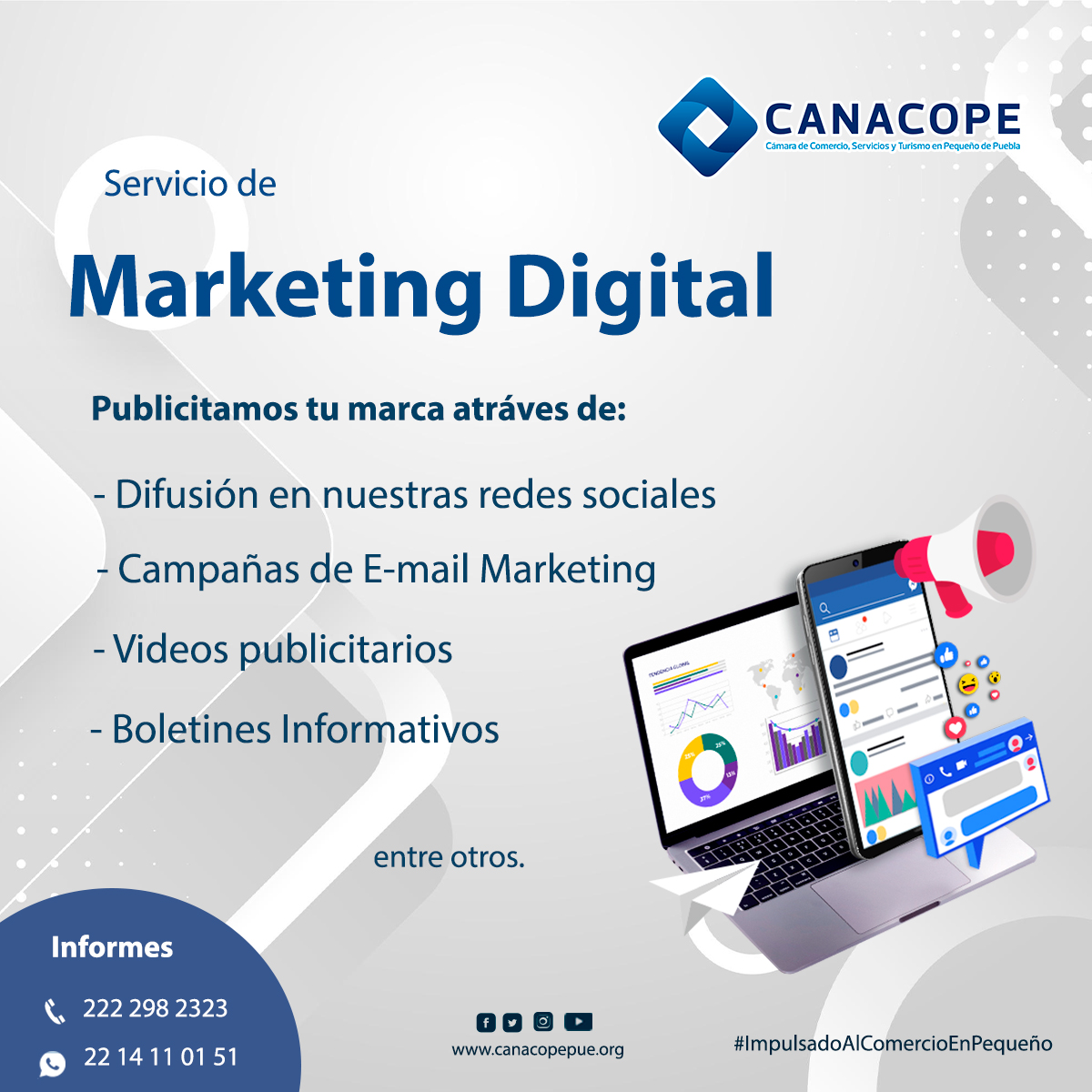 ¿Ya conoces nuestro Servicio de #MarketingDigital? 👩‍💻

Incluye
- Campañas de Email #Marketing
- Difusión en redes sociales
- Publicidad en nuestro #BoletinInformativo Mensual
- Videos publicitarios

Pregunta por nuestras membresías y adquiere este servicio para tu comercio.