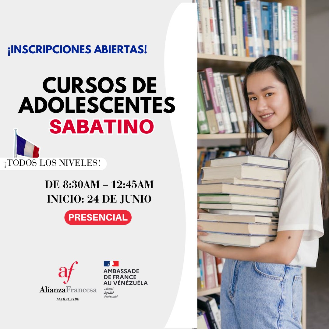 ¡Inscripciones abiertas!
#alianzafrancesademaracaibo

Más información: 📲 +58 424 6457717
💌E-mail: Info.afmcbo@gmail.com

📌Ubicación: Av. 8 Santa Rita, entre calles 67 y 68. Maracaibo Edo. Zulia VENEZUELA.