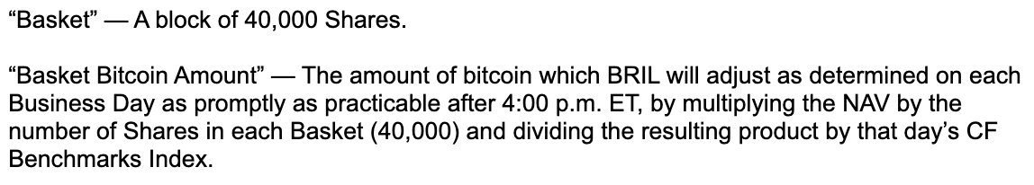 0xLambda's tweet photo. @napgener not sure how you determined this? the filing explicitly describes creation and redemption of baskets, and 1 share != 1 btc https://t.co/VH1UhdBkCQ