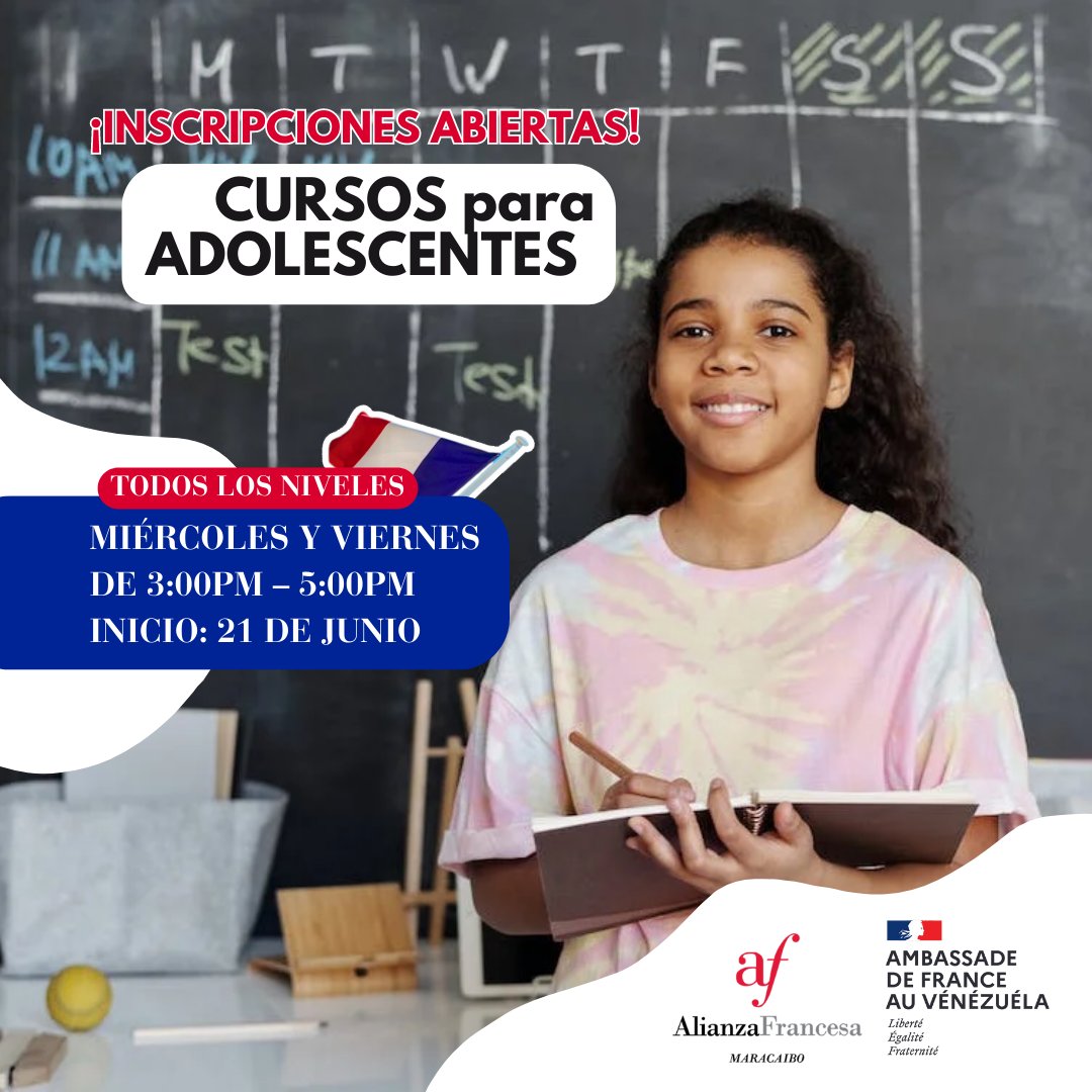 ¡Inscripciones abiertas!
#alianzafrancesademaracaibo

Más información: 📲 +58 424 6457717
💌E-mail: Info.afmcbo@gmail.com

📌Ubicación: Av. 8 Santa Rita, entre calles 67 y 68. Maracaibo Edo. Zulia VENEZUELA.