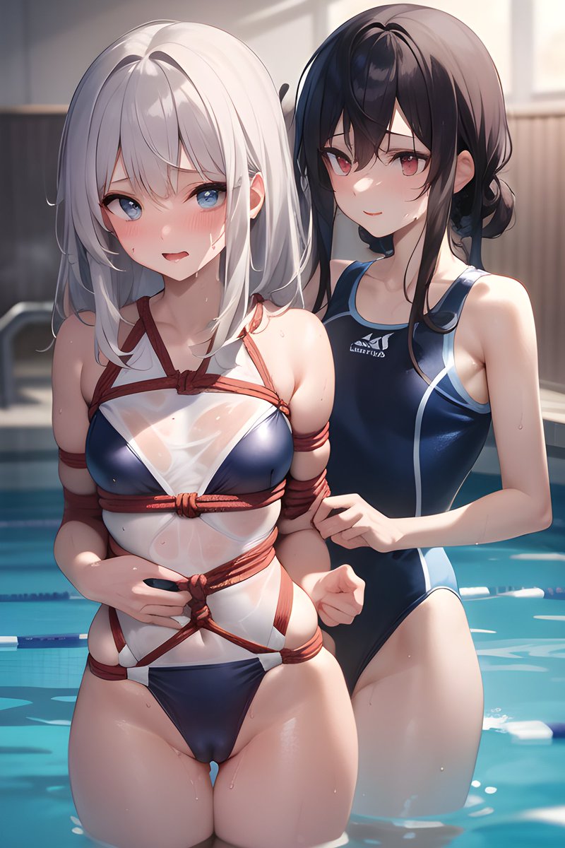 LeoSwimmers's tweet photo. What can be going on? Is this a playful prank or a friendly challenge between the two friends? The second girl's sly expression hints at a secret plan or a mischievous twist.

#AI #AIart #AIgirls #swimmergirl #onepieceswimsuit #waterbondage #shibari #tiedgirl #swimwear https://t.co/nP9AWM7GNV
