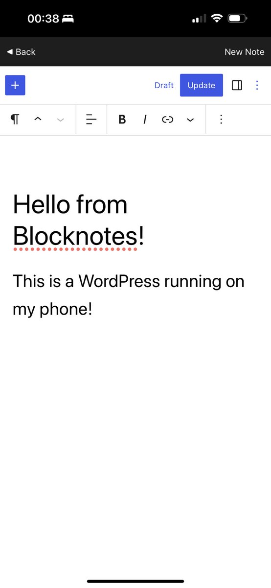 Meet Blocknotes, the first native iPhone app running WordPress on the device.

<a href="/ellatrx/">Ella</a> built it with Playground. It saves notes to HTML and synchronizes them over iCloud.

WordPress ecosystem can now run anywhere - desktop, mobile, web, even fenced ecosystems. Exciting!