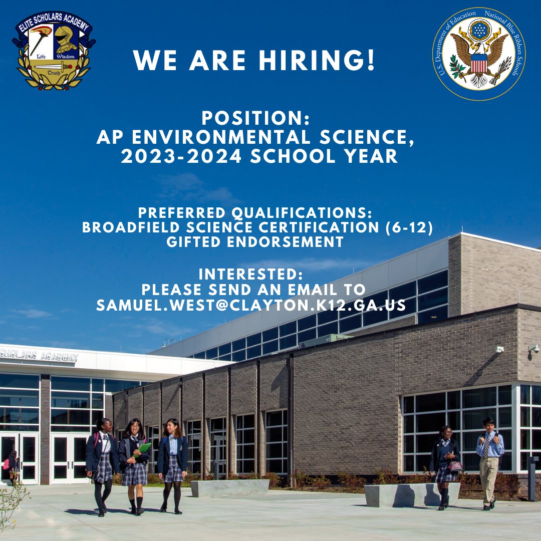 We are actively searching for an AP Environmental Science teacher for the 23-24 school year with Broadfield Science certification (6-12) and Gifted endorsed. Candidates should send an email to Principal West. 
samuel.west@clayton.k12.ga.us
<a href="/CCPSMagnet/">CCPS Magnet Programs</a>  <a href="/MagnetSchlsMSA/">Magnet Schools of America</a>