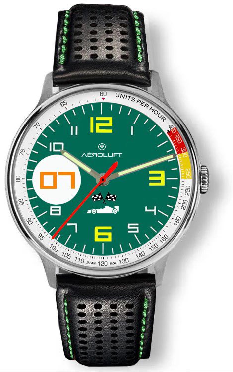 This dial in British racing green stands for Brooklands, the very first permanent racetrak, opened back in 1907
.

#formulaone #AEROLUFT  #relojes #montres #uhren #orologi #vintagewatches #wristwatches #racingcars #vintagecars #uhr #classiccar #classiccars #astonmartin #jaguar