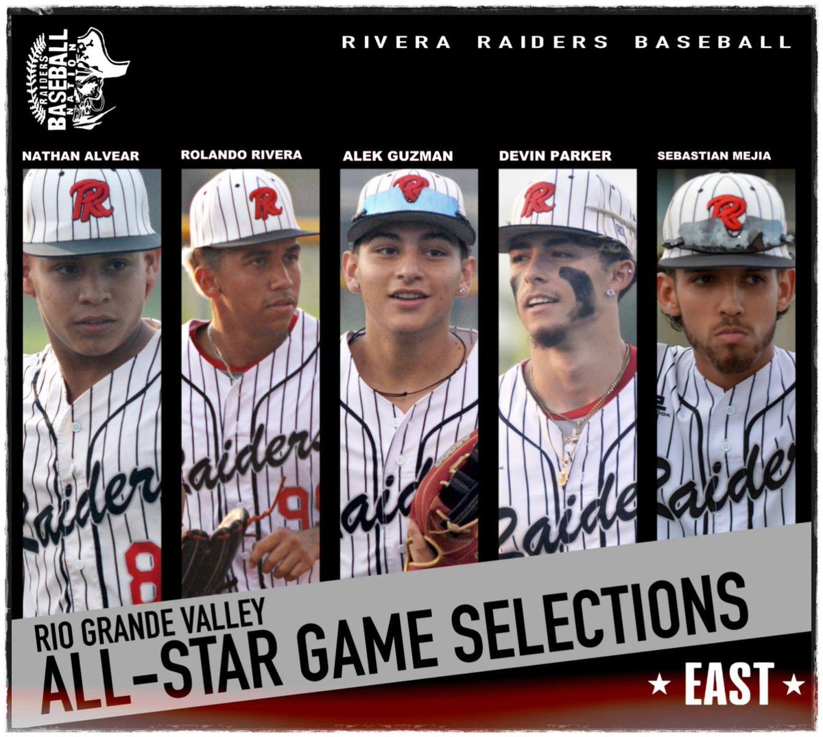 One more time! Let's hear it for your 2023 All-Star players! 
<a href="/nathan/">Nathan</a>.alvear88 
<a href="/roli/">Fábián Roland</a>.rivera 
<a href="/alek_guz23/">Alek_guz23</a> 
<a href="/Devin_17_Parker/">P5RKER</a>
<a href="/Sebastian_M_2/">Sebastian Mejia</a>

East vs West, June 22, 7:00 @ PSJA High, Bears Field.

#raidernation 🏴‍☠️
#RaidersStrong 
#Classof2023
