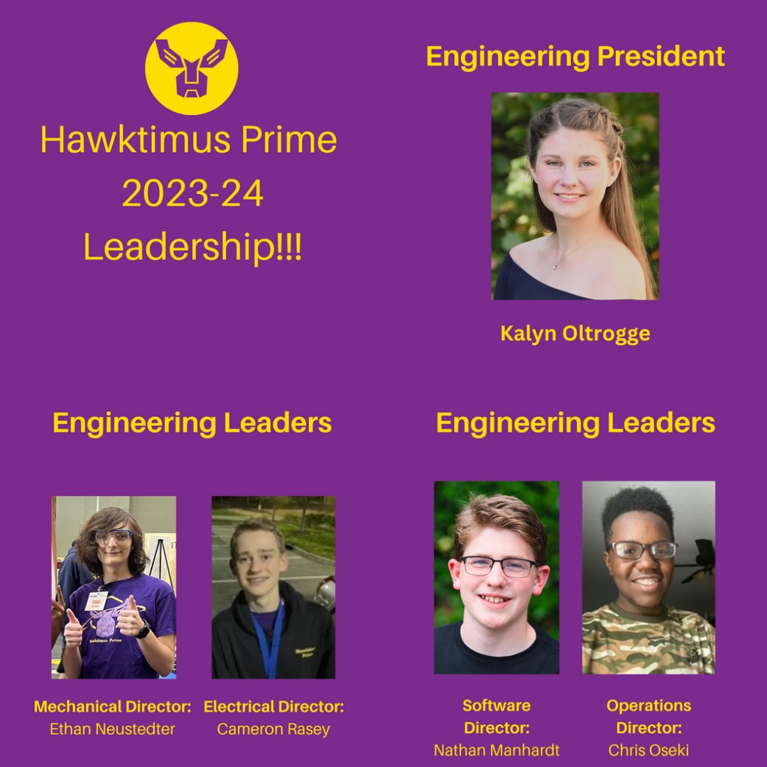 New season, new Hawktimus. Join us in celebrating Team 3229's leadership team for the 2023-2024 Season. Can't wait to see where they take us! 💜💛💜💛

#hawktimusprime #frc #firstrobotics #omgrobots #robots