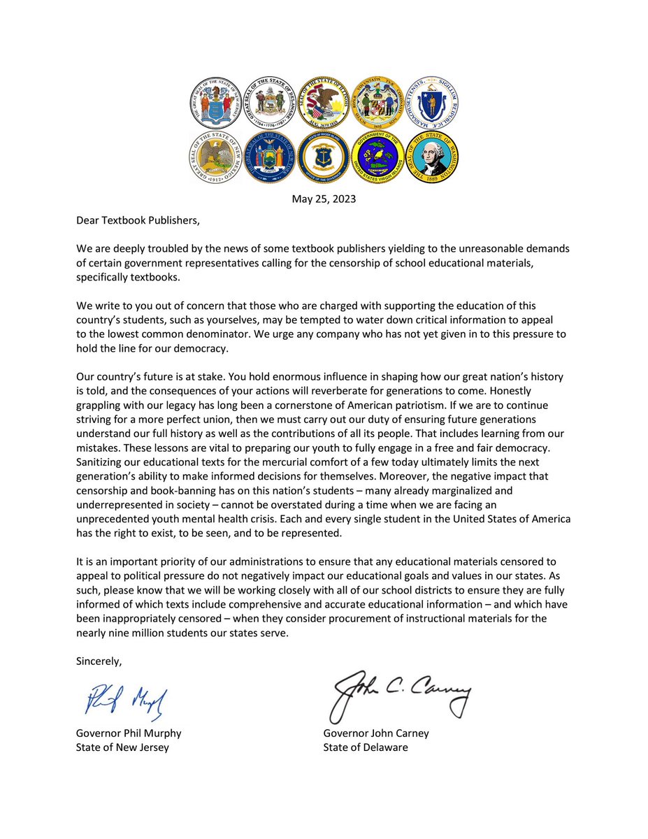 GovPritzker's tweet photo. Here in Illinois, we don’t hide from the truth. We embrace our history, all of it.

I was proud to join my fellow governors earlier this month in demanding our textbook publishers stand strong against pressure for censorship in our schools.
 It’s time we push back. https://t.co/Kh7Xszbqs1
