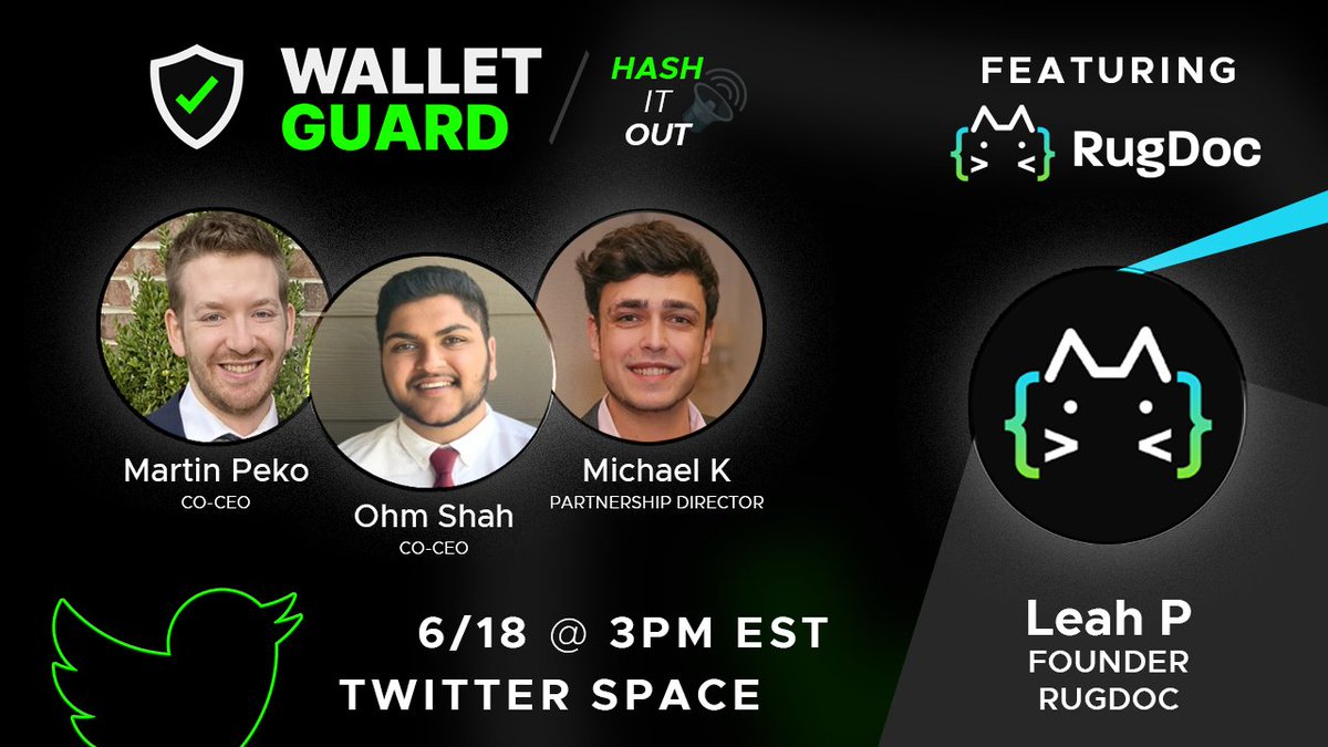 wallet_guard's tweet photo. Join us this Sunday at 3PM EST to HASH IT OUT w/ @RugDocIO 🧑‍🏫

Both of our platforms focus on the most important parts of crypto... SAFETY &amp; EDUCATION 🧠

Set your reminders ⏰ it only takes ONE CLICK https://t.co/U4yibMdvI2 https://t.co/G5lwm8f1mV