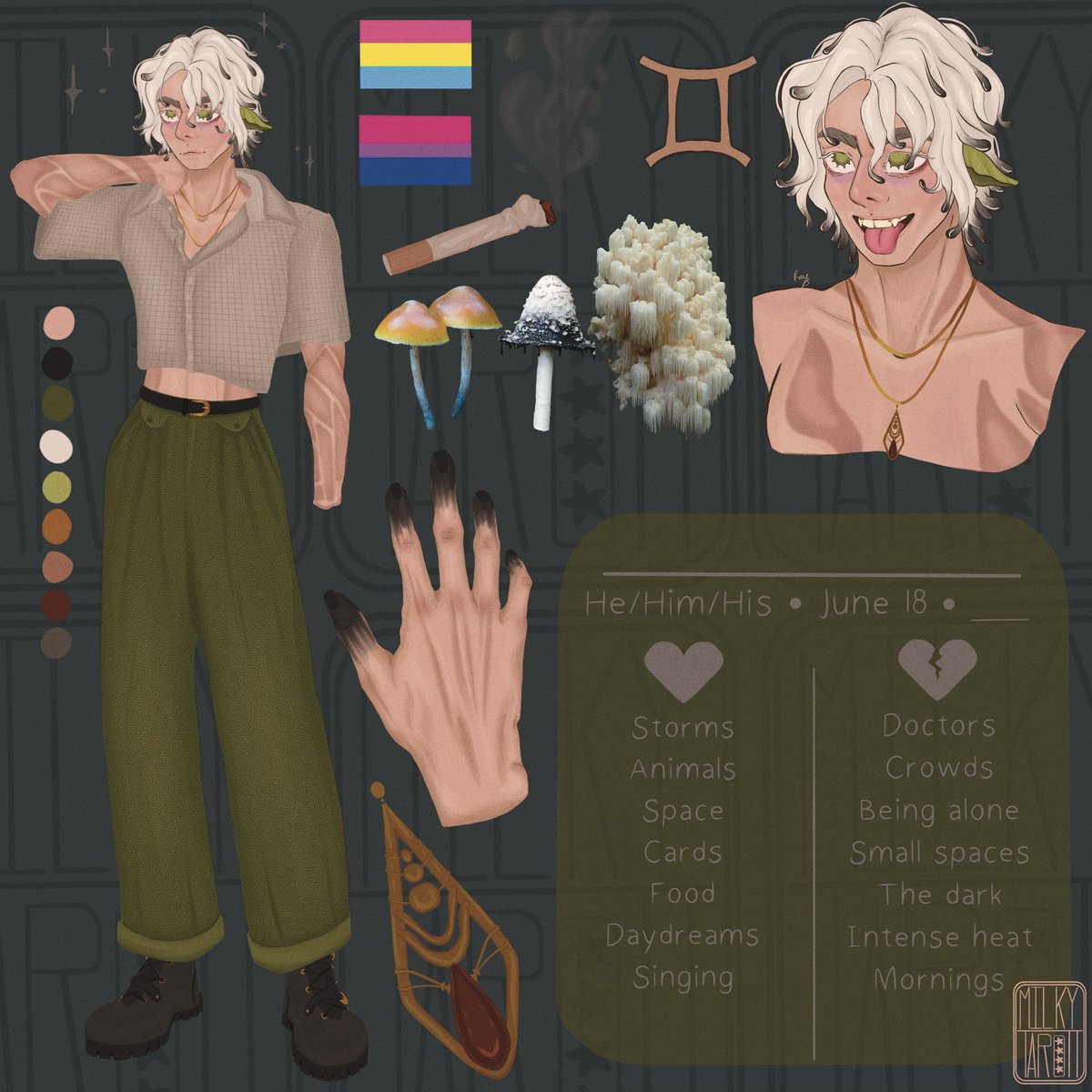 I finally finished the initial design for one of the 3 main characters in my comic! There are blank spaces where his name and height will be I want to make sure the 3 mains complement eachother. 
#oc #Procreate #originalcharacter #digitalart #arttwt #artist #characterdesign