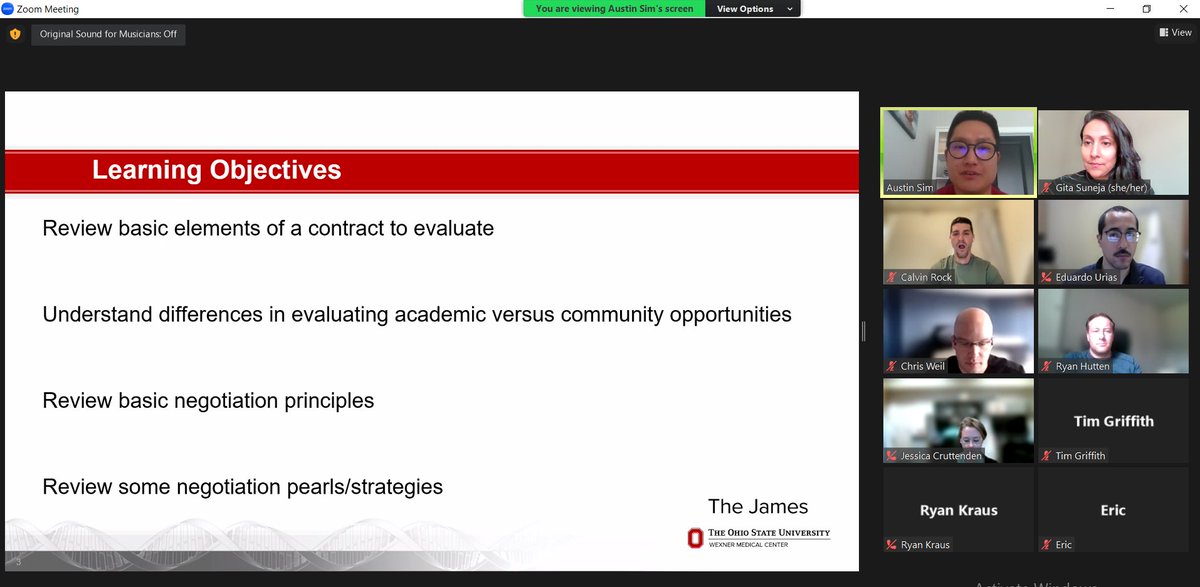 Such an outstanding contract negotiation session by @A_CT_SimMDJD for our @UofURadOnc residents as part of our #careerdevelopment seminar series. TY 🙏🏾 for virtually visiting with us - we all learned a TON! #radonc #lifeskills #MDJD 🙌🏾🔥🌟
