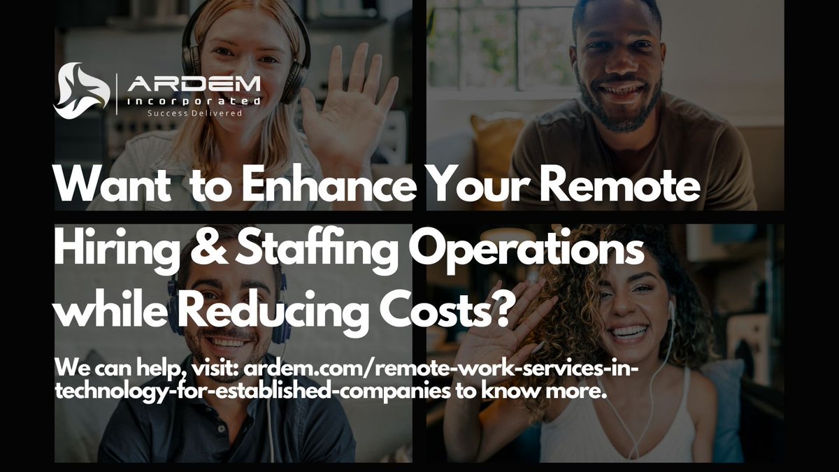 Enhance Your Remote Hiring & Staffing Operations using ARDEM Remote Work & Outsourcing Solutions while Reducing Costs.

Expert Outsourcing & Remote Workforce Solutions to Help Companies Grow, visit: ardem.com/remote-work-se… to learn more.

#remotehiring #remoteworking #ARDEM