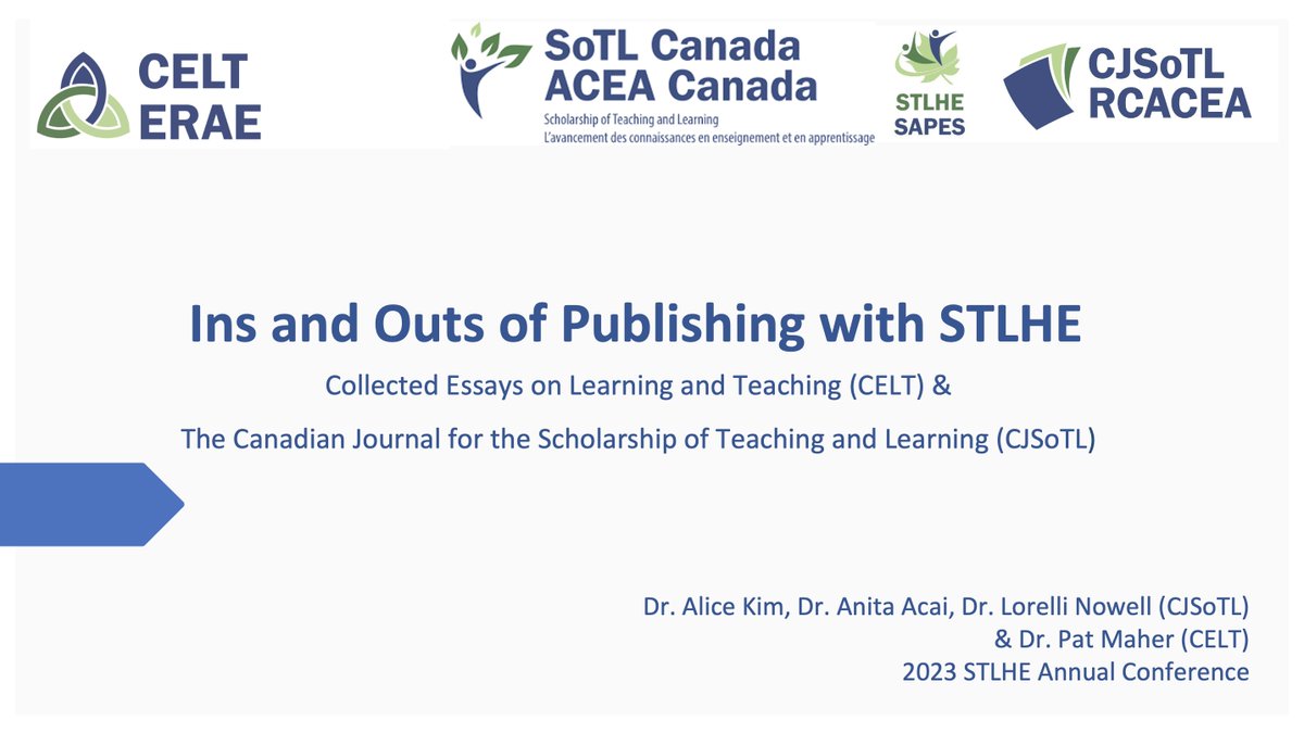 The CJSoTL/CELT session at 8:30 am today will cover 1) types of articles accepted by each journal, 2) expectations of authors prior to submission, 3) editorial process, 4) the role of peer review in our editorial processes, 5) how to become a reviewer #STLHESAPES2023 @STLHESAPES
