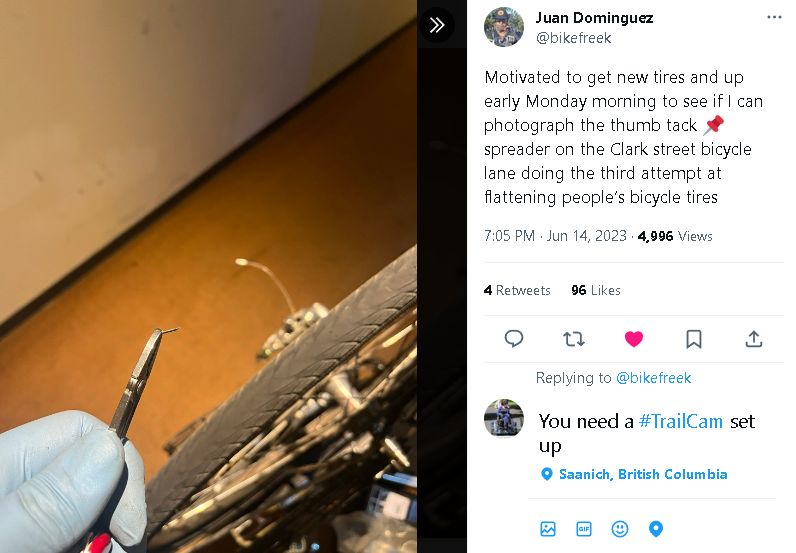 420_Bike_Life's tweet photo. @bikefreek Good luck. I hope you catch them.
#Nails #Tacks #Flats #Crash #BarbedWire #Cycling #ClimateAction #BanCars #MirrorsAreMeantToBeBroken
Good karma catching people trying to harm others. https://t.co/1LAGMpv8KC