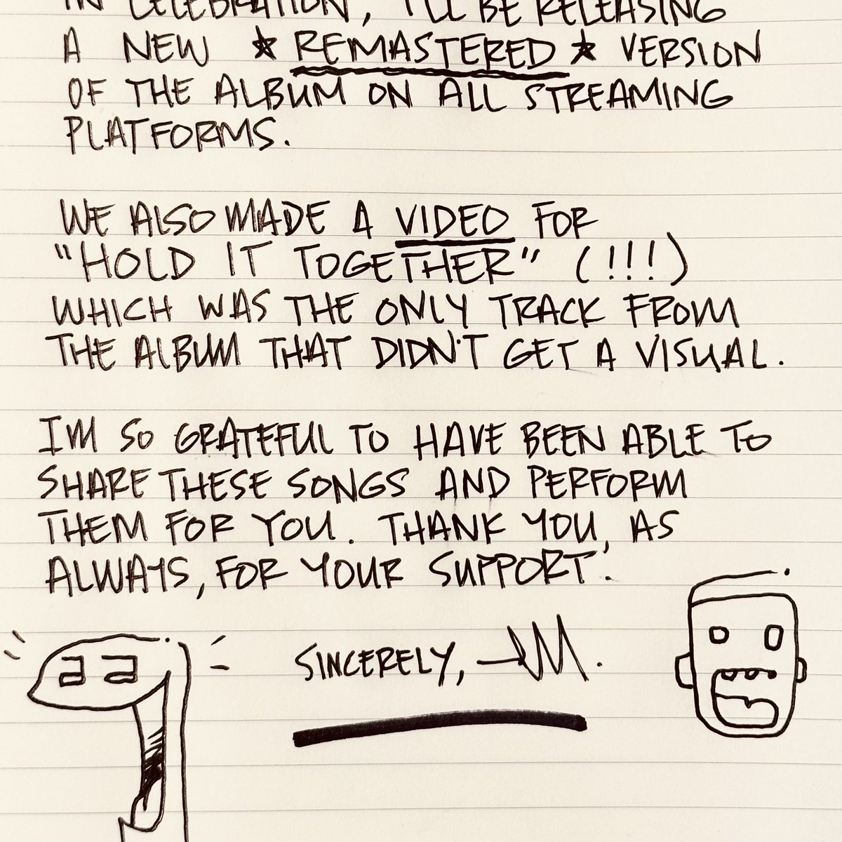 mikeshinoda's tweet photo. OUT TONIGHT: POST TRAUMATIC (REMASTERED). 

It’s been 5 years since the release of #PostTraumatic. This album was one of the toughest + most cathartic + rewarding projects I’ve undertaken. 

In celebration, I will be releasing a new REMASTERED version of the album on all streaming platforms (out tonight). We also made a video for “Hold It Together,” (out tomorrow) which was the only track from the album that didn’t get a visual. 

I am so grateful to have been able to share these songs and perform them for you. Thank you, as always, for your support. https://t.co/WTFahZEq3v
