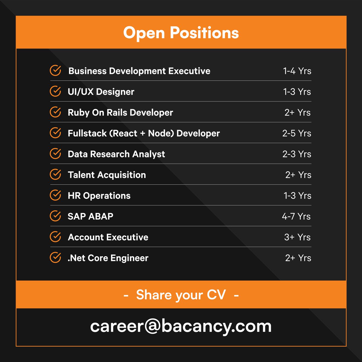 BacancyTech's tweet image. ⚠️ We are Hiring!⚠️ 
Connect with us at lnkd.in/dTW6kZMM

#VacancyAtBacancy #BacancyHires #dotnethiring #MumbaiJobs #delhijobs #bangaloreitjobs #jobsintech #AhmedabadJobs #Jaipurjobs #jobsinahmedabad #jobsinindia #GrowWithBacancy #DedicatedToInnovation #BacancyTechnology