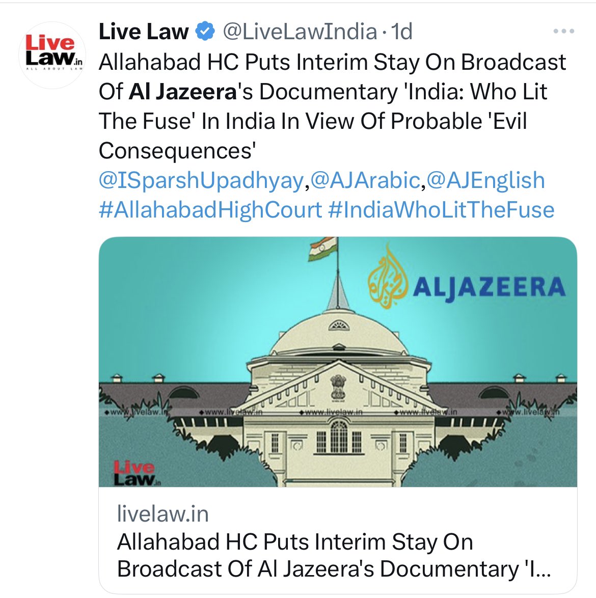 Allahabad High Court has restrained Al Jazeera from airing its investigative documentary in India.

Grounds? — in view of ‘evil consequences’ that are likely to occur if the telecast/broadcast of the film is allowed to take place.

Can a court restrict…

livelaw.in/high-court/all…