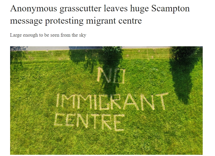 Massive letters reading ‘no immigrant centre’ have been cut into RAF Scampton’s playing field in the latest protest against government plans.

Locals say they are taking any opportunity to make their feelings on the asylum seeker processing centre heard as they ‘feel invisible’.