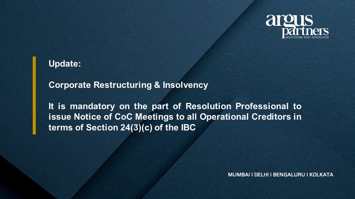 Argus_Partners's tweet photo. #NCLAT holds that it is incumbent upon the RP to serve notice of each meeting of the CoC to the #Operational #Creditors or their representatives.
Read more at: https://t.co/mfMjPnbjAq
#resolution #appellant #law #arguspartners
By @udit1387 (Partner) and @ShivkritR (Associate). https://t.co/0XYqWMvJw8