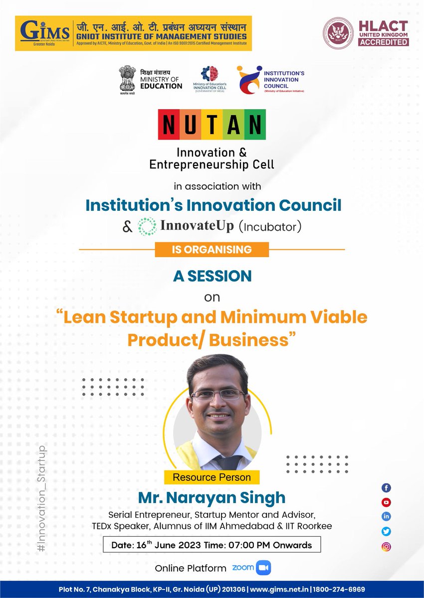 GIMS, Greater Noida is organising a Session on 'Lean Startup and Minimum Viable Product/ Business' on Friday, June 16, 2023, for its PGDM Batch 2022-24 from 07:00 PM onwards on zoom platform.

#leanmanagement #minimumviableproduct #entrepreneur #mvp #entrepreneurship