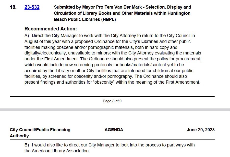 Here is the actual agenda item for the Huntington Beach City Council meeting on 6/20.#BookBans