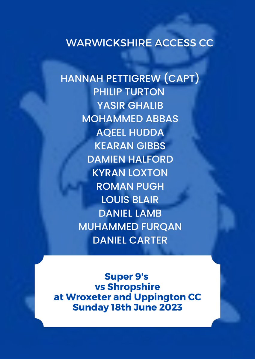 Early start today so here is the lineup for our upcoming game on Sunday against Shropshire.
The fixture will be played at Wroxeter and Uppington Cricket Club, Uppington, Telford TF6 5HH. The match is a 1pm start. It would be great to have your support!
