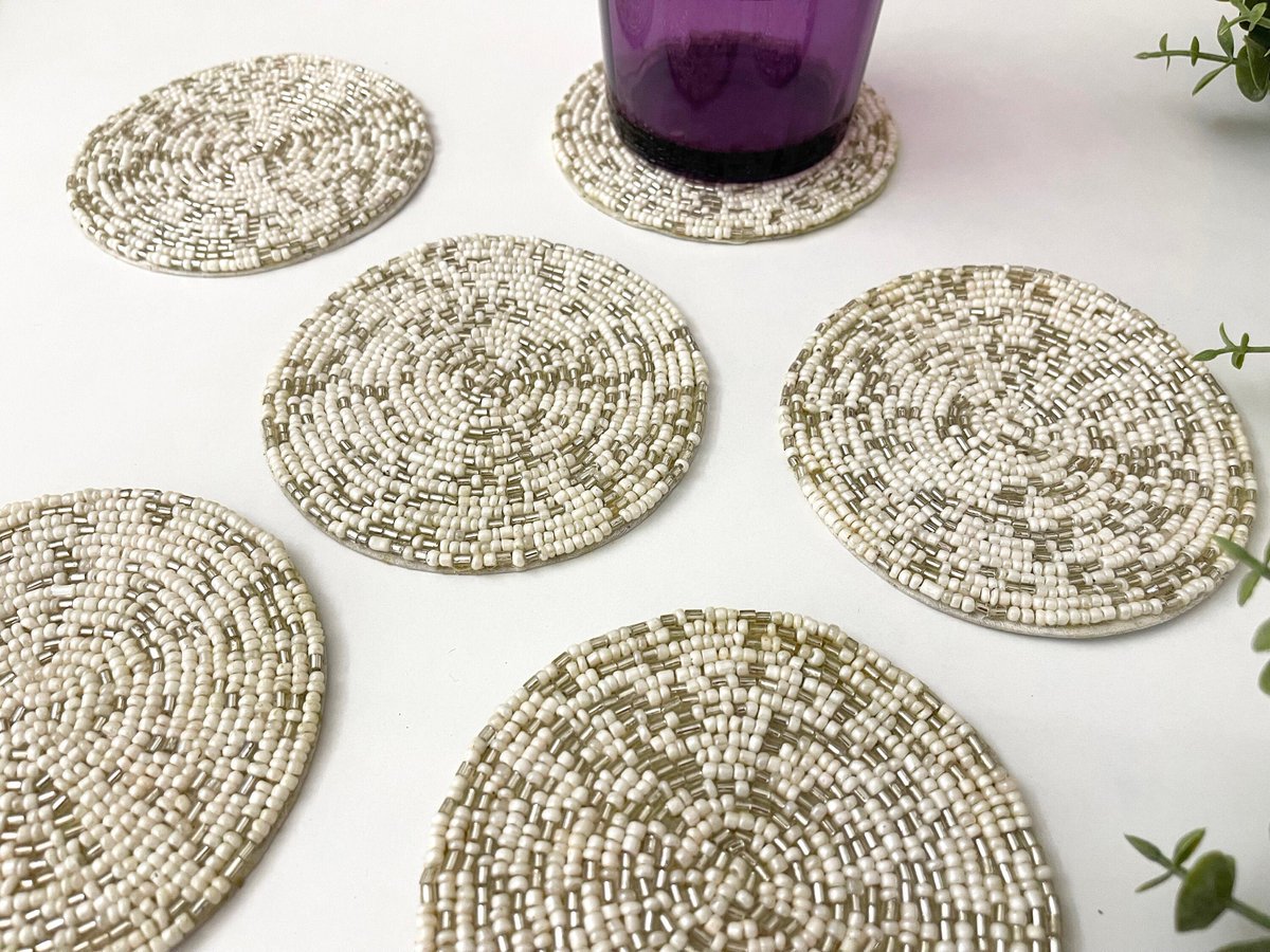 Sleek sellouts! 🤓. Order Coasters set of 4/6, drink coasters, gold /silver and white beaded coasters, gift for her, housewarming gift at $55.68 from etsy.com/listing/105615… #coasters #CoasterSet