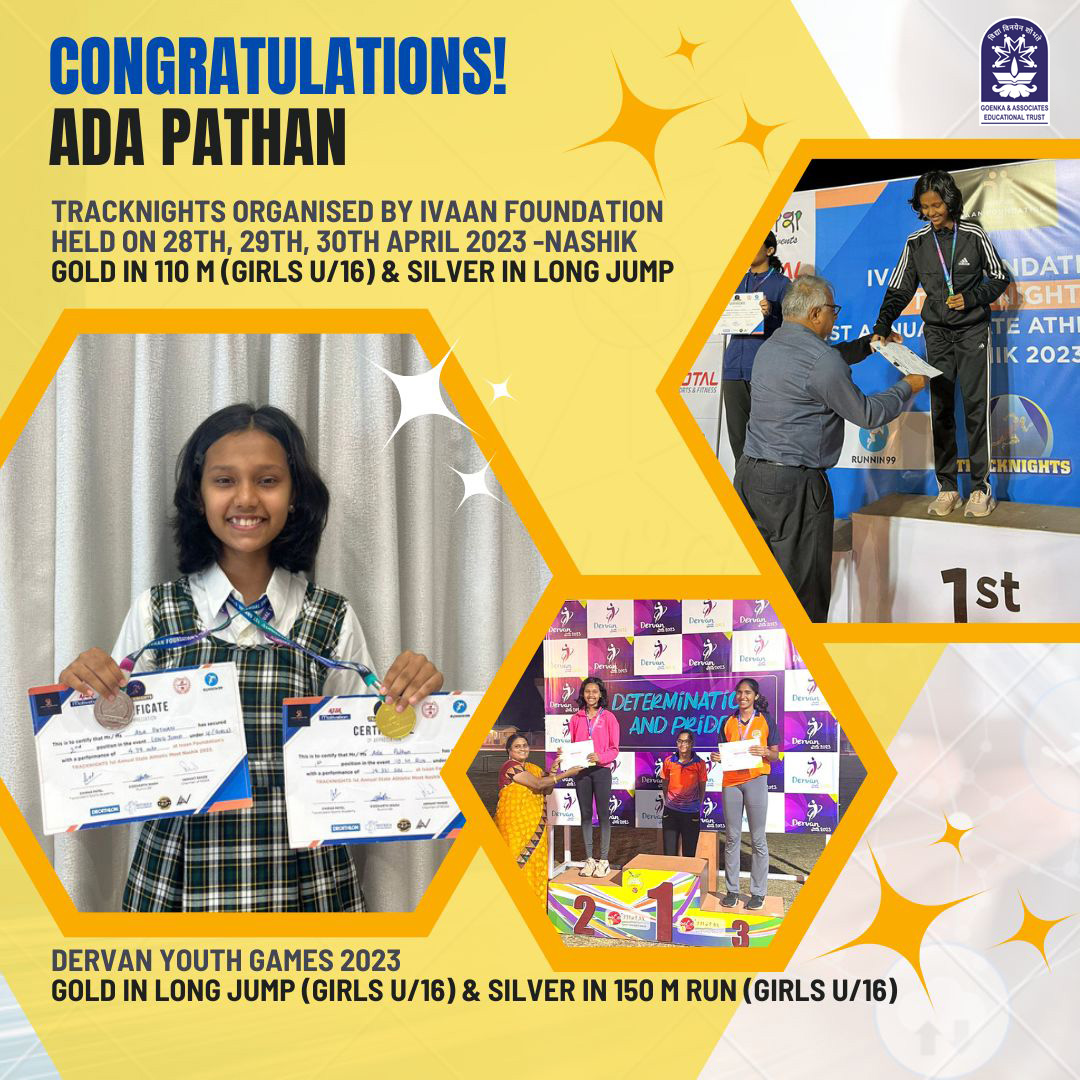 GoenkaTrust's tweet photo. Congratulations Champion Ms Ada Pathan ! We wish you all the very best for upcoming Events &amp; Championships.
#VVHS #VVHSJC #GAET #AdaPathan #Athlete #Facebook #Instagram #Champion #gold #silver #sprint #longjump https://t.co/OttaaVE1Ue