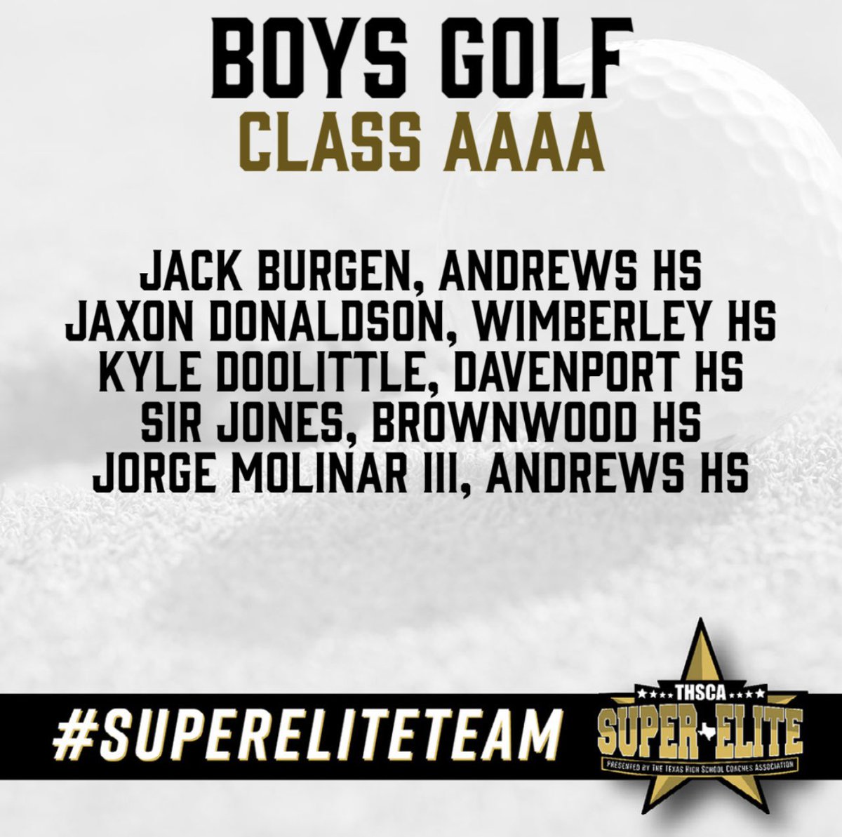 Congratulations to Andrews HS Golfers on a fantastic season and to these individuals for being recognized and selected to the THSCA Class 4A Super Elite Golf Team.