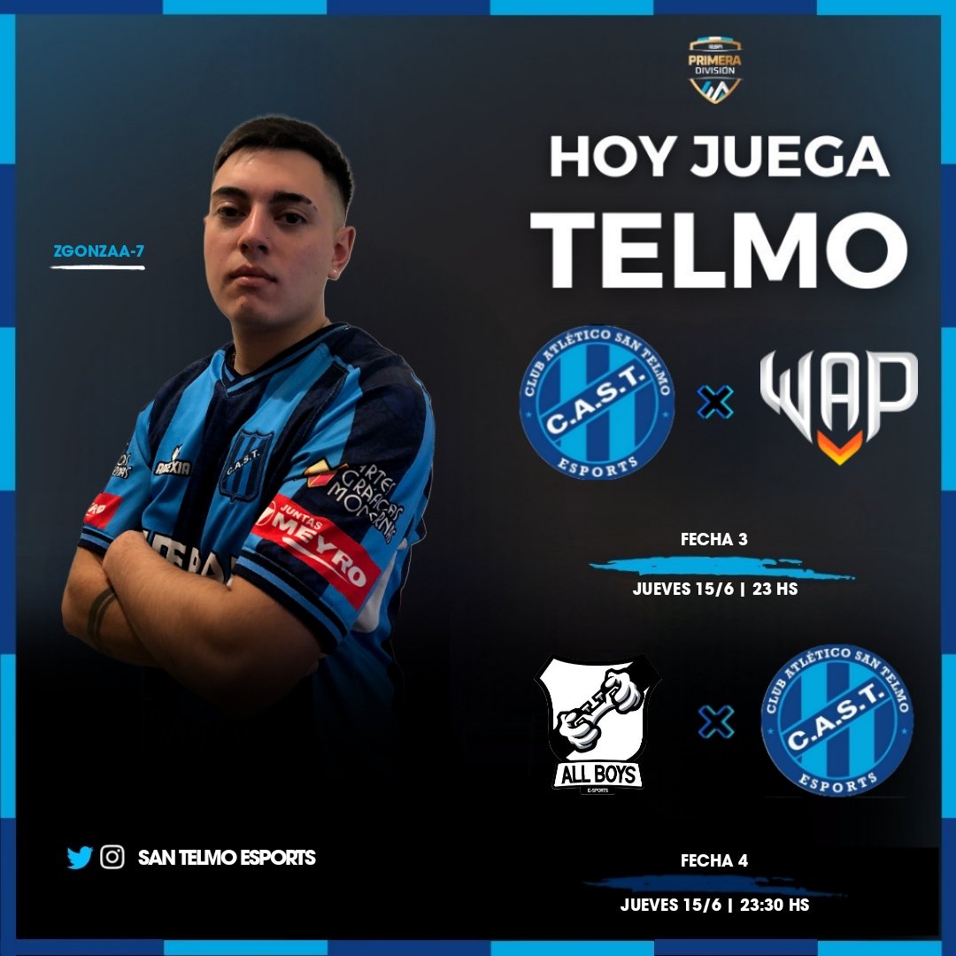 #FIFA23 #PS4 <a href="/IESAFIFAar/">IESA Argentina</a>

JUEGA TELMO⚽

FECHA 3
🆚 <a href="/WAPEsports/">WAP Esports</a>
⏰23:00
FECHA 4
🆚 <a href="/AllBoys_eSports/">All Boys eSports 🏆🏆🏆</a>
⏰ 23:30

✍️🖼️ <a href="/LupiBragg/">ʟᴜᴘɪ</a>

#TodoTelmo