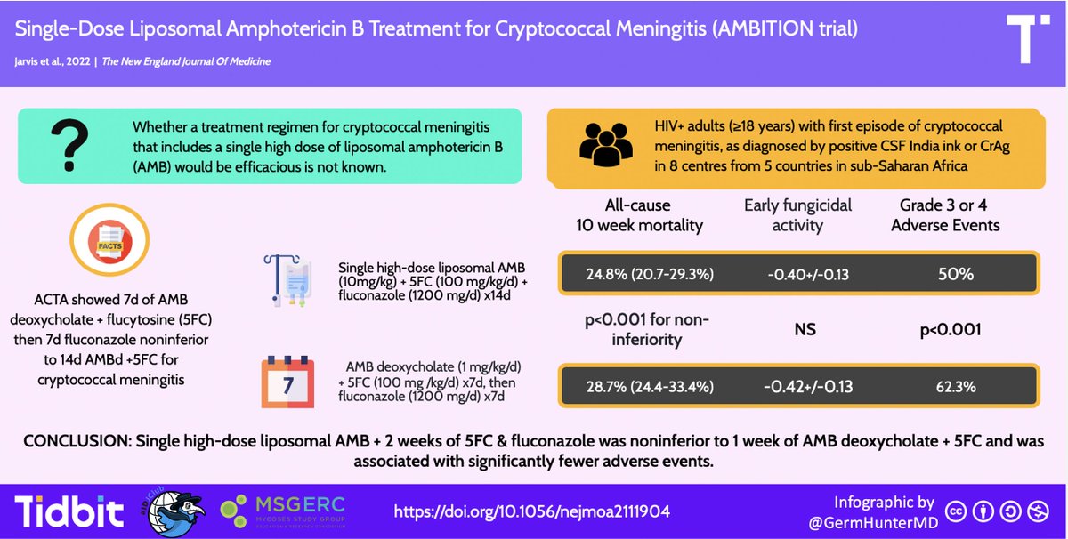 Mark your calendars! In collab. with @MSG_ERC, #IDJClub is back Mon, July 17 @ 9pm EDT to discuss the most NB mycology trial in years:💥AMBITION💥 nejm.org/doi/10.1056/NE… Followed by a Twitter Space @ ~940pm EDT w/ John Perfect & @jobadd to interpret the RCT in N. Am context