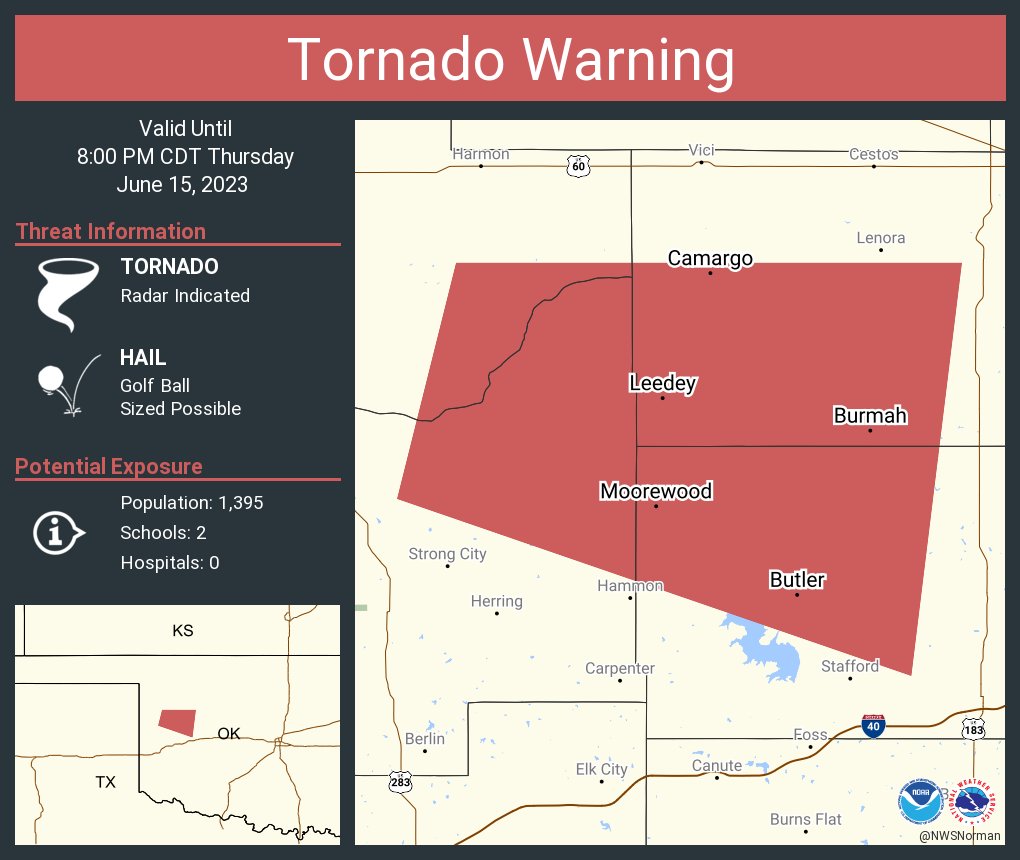 NWS Tornado on Twitter "Tornado Warning including Leedey OK, Butler OK