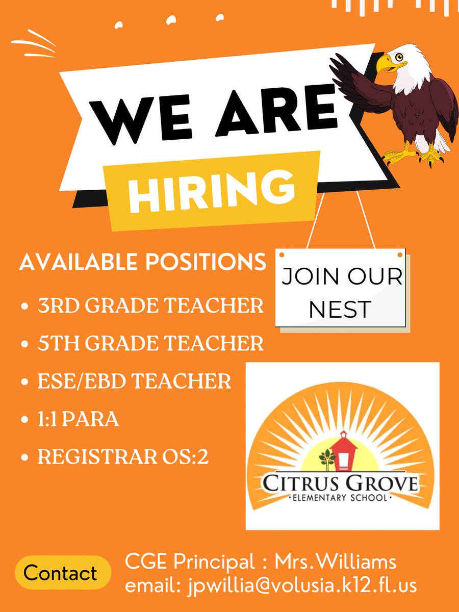 Citrus Grove Elementary, Deland FL (@citrusgrove_vcs) on Twitter photo Come join our team of Eagles <a href="/CitrusGrove_VCS/">Citrus Grove Elementary, Deland FL</a> for the upcoming 23-24 school year. Positions available are shown including contact info <a href="/JenP_Williams/">Jen Williams</a> <a href="/volusiaschools/">Volusia County Schools</a> #cgeeagles Come join our team of Eagles <a href="/CitrusGrove_VCS/">Citrus Grove Elementary, Deland FL</a> for the upcoming 23-24 school year. Positions available are shown including contact info <a href="/JenP_Williams/">Jen Williams</a> <a href="/volusiaschools/">Volusia County Schools</a> #cgeeagles