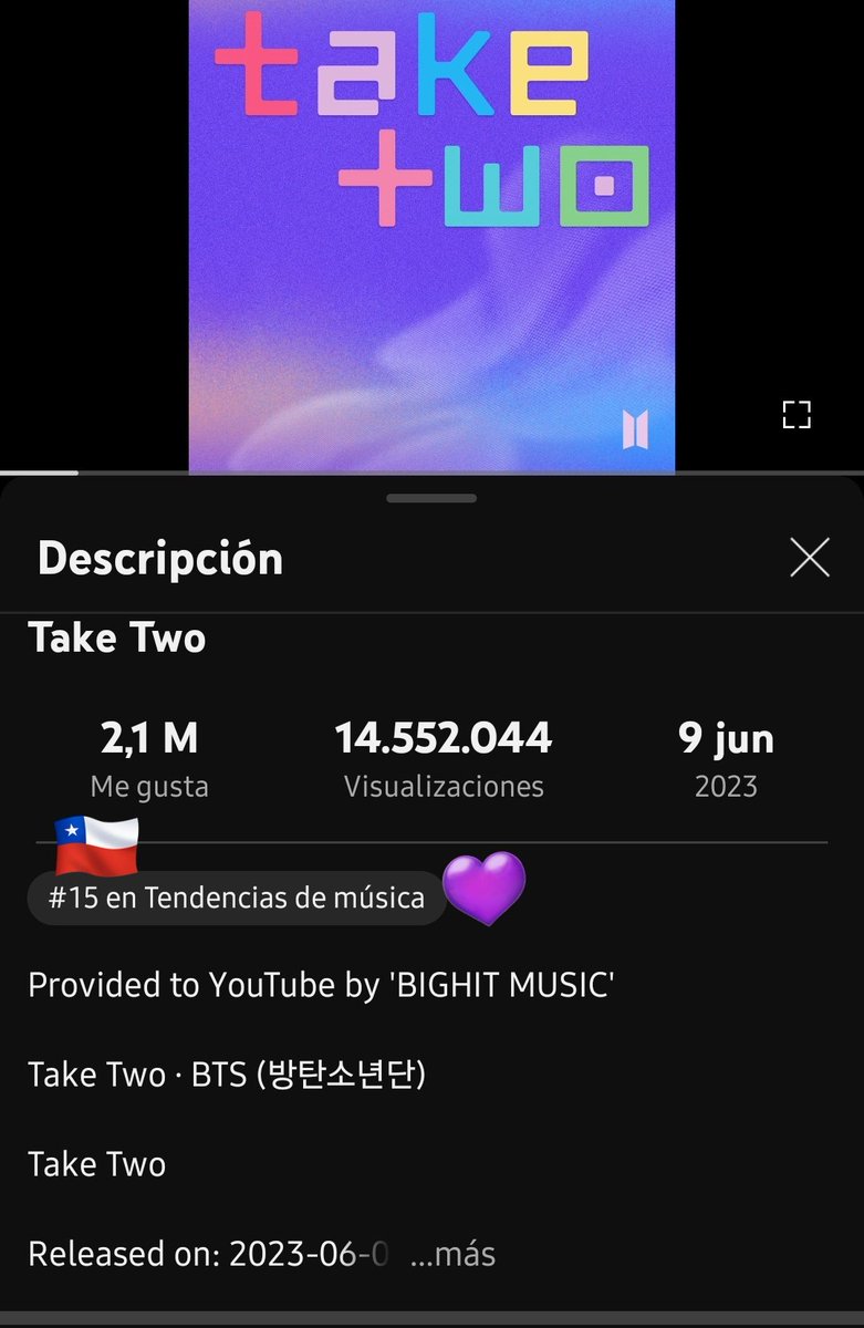 armychilensis's tweet photo. "Take Two" es un regalo de BTS para ARMY, demostremos que seguimos amando su música.

Stream en YouTube que aún no cierra la semana 1.

✨️ El audio oficial de #TakeTwo está #15 en las tendencias de Música en YT Chile 
https://t.co/OO9Ue3USTj https://t.co/GE6ObA5sGl