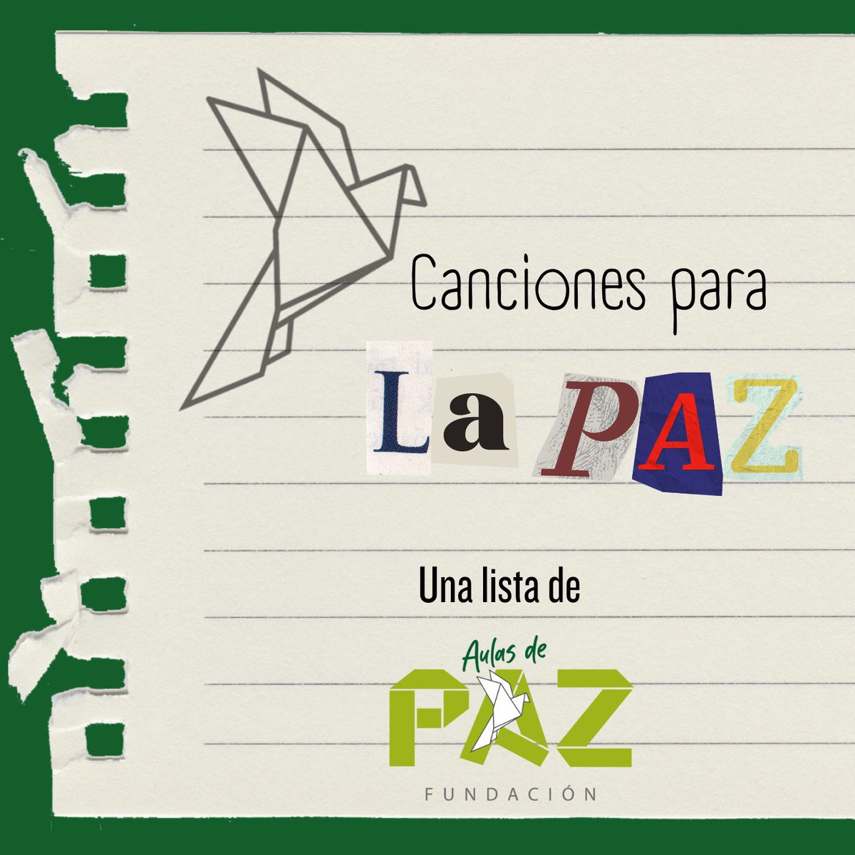 AulasDePaz's tweet photo. ¿Ya escucharon nuestra Playlist de Canciones para la Paz? 
¡Una selección especial de canciones colombianas y latinoamericanas inspiradas en La Paz! 🕊️
Disfrútenla aquí:
https://t.co/jrAyXMtYzi https://t.co/FUc6BtAF9x