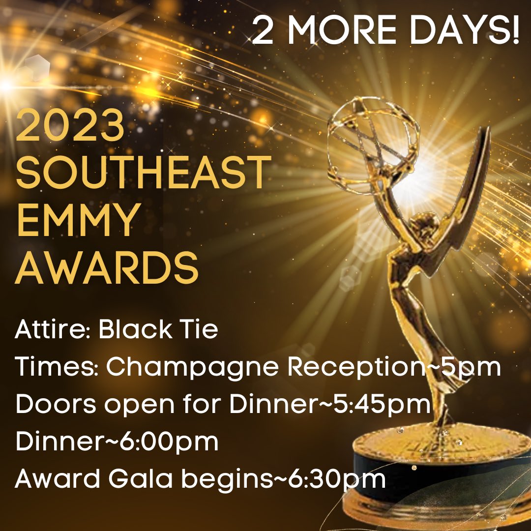 2 MORE DAYS‼️🏆⭐️🥂

Attire ~ Black Tie 
Champagne Reception ~ 5pm
Doors open for Dinner ~ 5:45pm
Dinner ~ 6:00pm
Award Gala begins ~ 6:30pm 
#2moredays #televisionacademy #media #journalism #emmyawards #emmy #emmys #atlanta #southeastemmys #natas #emmyse #atlantamedia