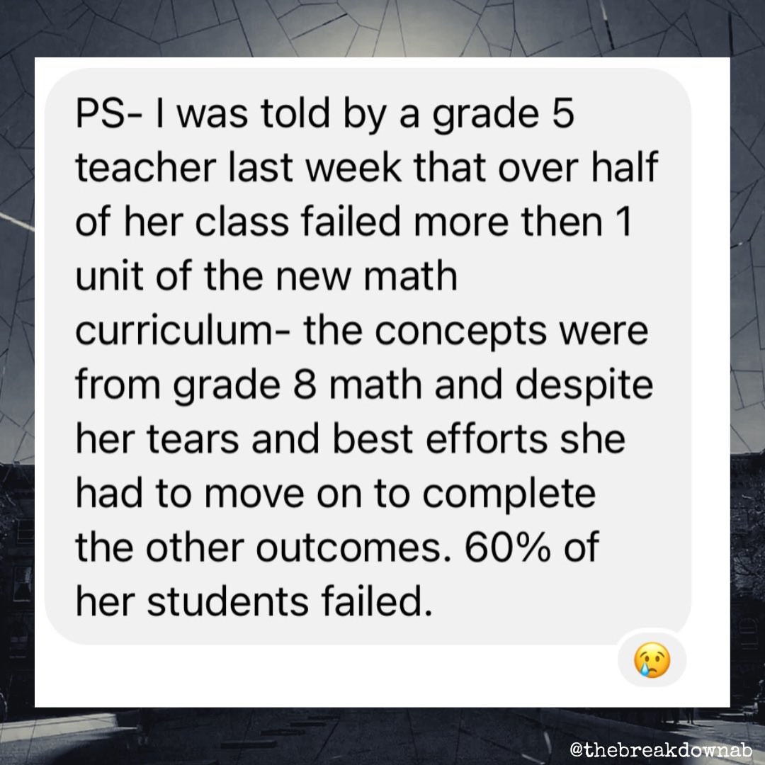 TheBreakdownAB's tweet photo. From the DM’s
The curriculum is too dense and the testing is setting kids and teachers up for failure.
/1
#abpoli #ableg #cdnpoli #abed https://t.co/kT0MeAKGBz