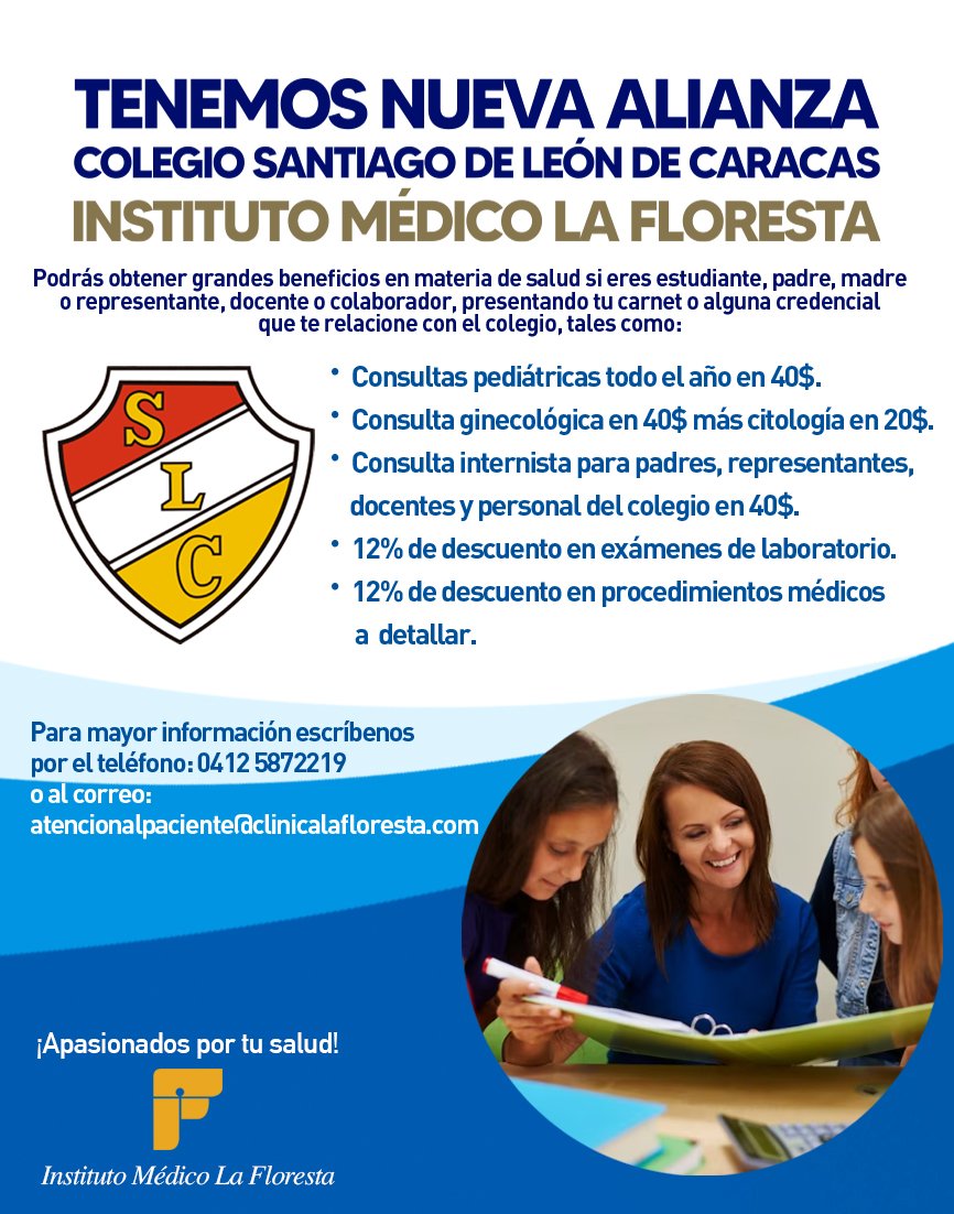 Querida comunidad, les anunciamos 🗣️ nuestra Nueva Alianza 🤝🏻 con el Colegio Santiago de León de Caracas. Podrás obtener grandes beneficios en materia de salud, tales como ⤵️