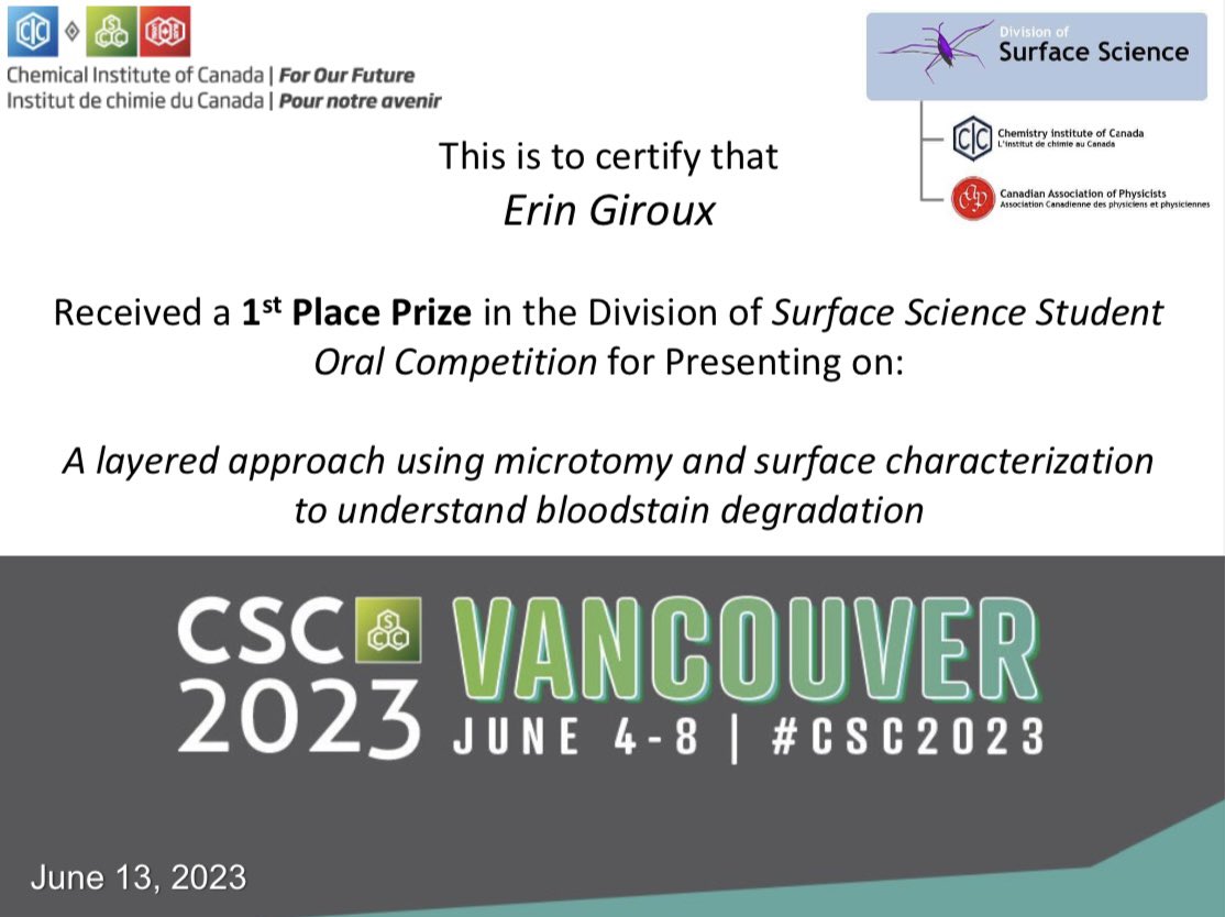 Thrilled and honoured to receive this award for my presentation on my MSc research project at #CSC2023!  
Thank you to the Division of Surface Science of the @CIC_ChemInst  for sponsoring the award.