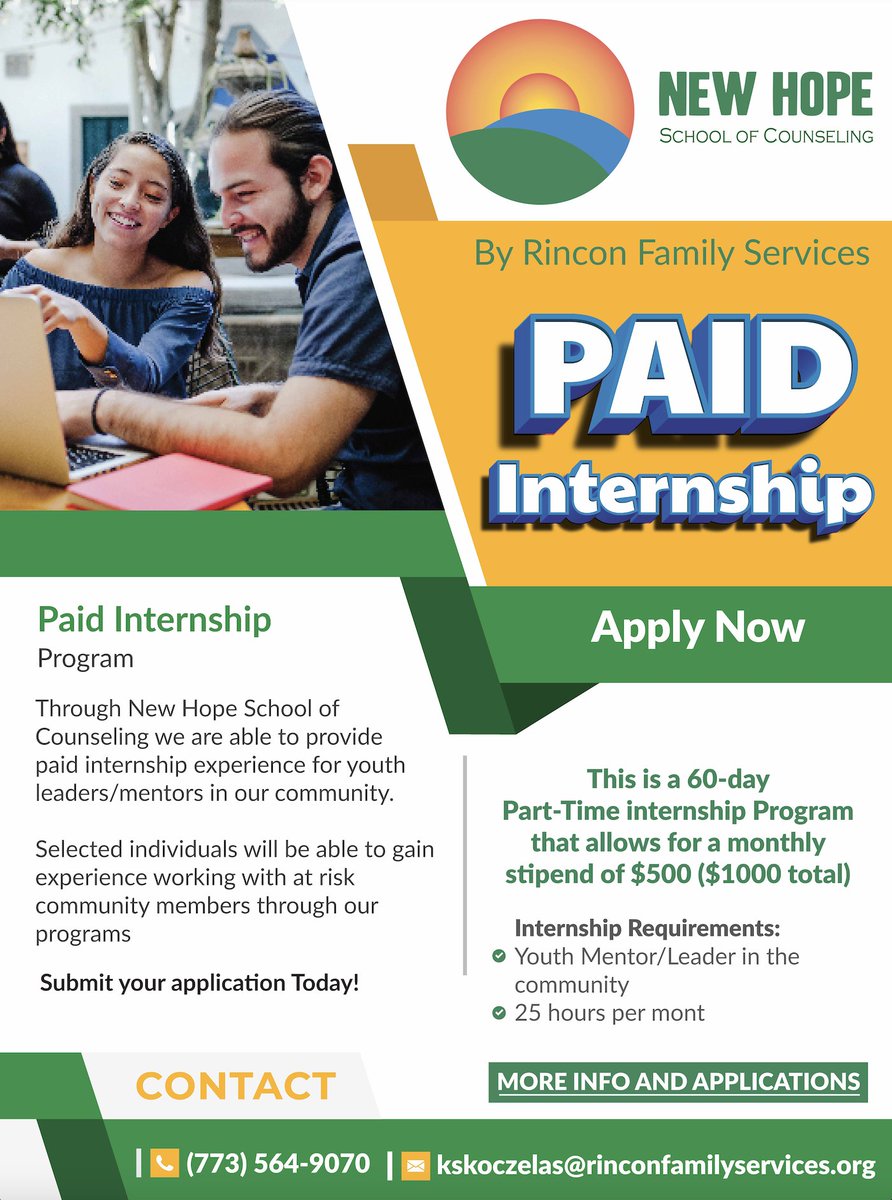 PAID INTERNSHIP PROGRAM! Submit your application HERE: forms.office.com/r/ZdRYi7JEWV
More information: kskoczelas@rinconfamilyservices.org
forms.office.com/r/ZdRYi7JEWV
#youthempowerment #buildingspaces #restoringcommunities