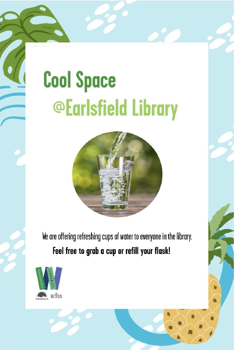 Better_EarlsLib's tweet photo. Wandsworth libraries are providing refreshing cool spaces for everyone! Stay out of the sun and relax in our library's shaded areas. Hydrate with complimentary water while browsing library resources. 😎📚 #Earlsfield #Wandsworth #CoolSpaces #StayHydrated #gettoknowyourlibrary https://t.co/lD3Mg61BOi
