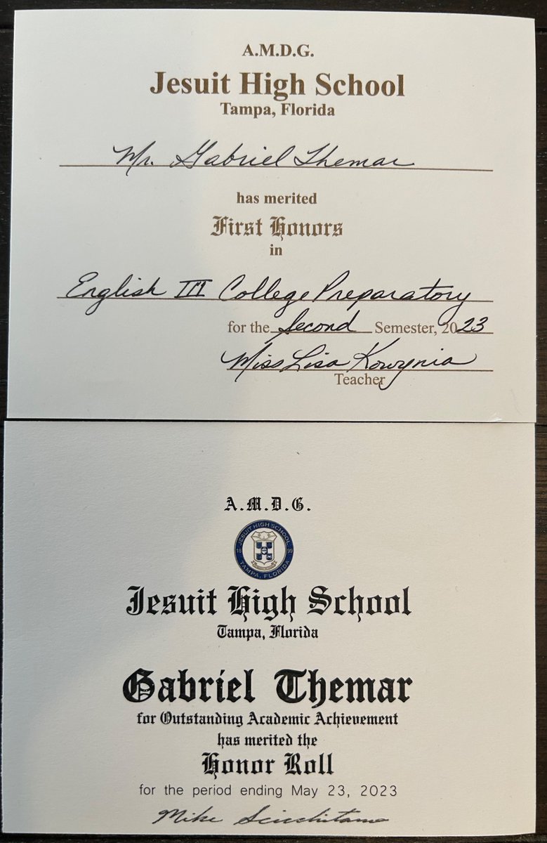 GabeThemar's tweet photo. Great end to my Junior Year! Earned 1st Honors in English and made Honor Roll, updated GPA 3.5! @JesuitTigers_FB @triples7v7 @mdwestathletics https://t.co/tXWlb67qWB