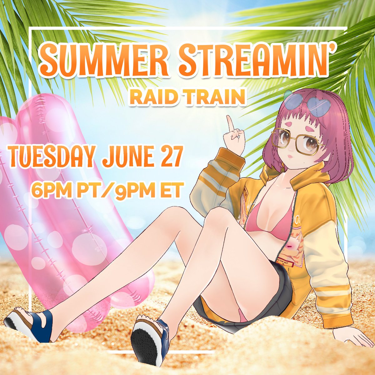PrincessRosca's tweet photo. Grab your sunscreen, we're going on a school trip to an uninhabited island! ☀️🌴

I'm participating in Pat's raid train to ring in the summer! Come hang out with some cool kids starting on the 21st and ending on the 2nd! I hear there's a cool birthday bash at the end. 😉 https://t.co/1ADDcJdjj8