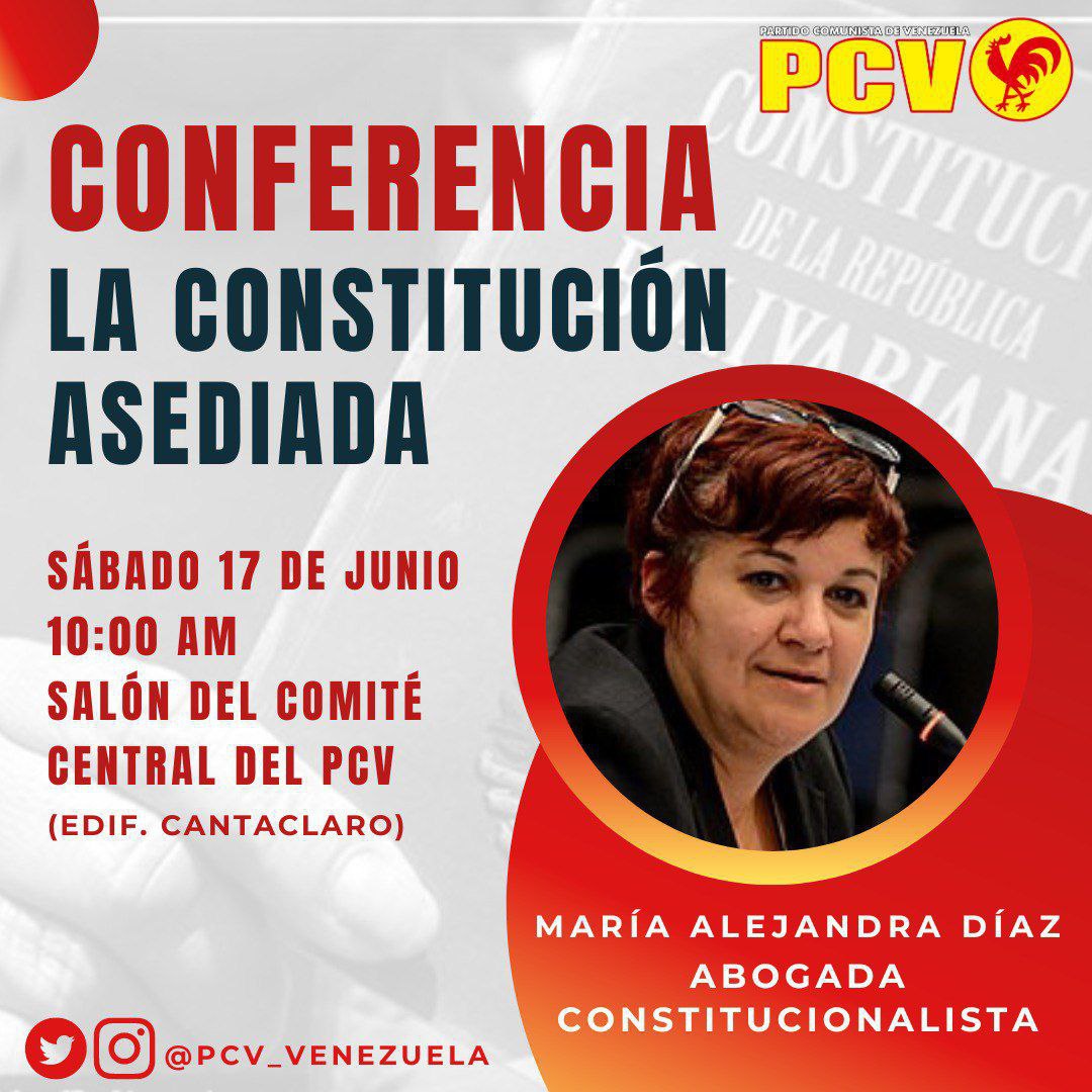 OscarFeo2's tweet photo. Vamos a acompañar al @PCV_Venezuela y a @MariaesPueblo este sábado en Cantaclaro.
A defender la Constitución
A exigir libertad para los trabajadores presos
A defender al PCV del asedio gubernamental
@OscarFigueraPCV @pasquicurcio @IAEBM @CUTV_Venezuela @dialogoambiente @UPlebeyo https://t.co/NUPZcn5uHR